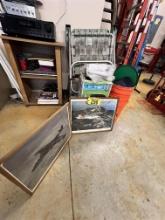 LOT: 2-FRAMED MILITARY AIRCRAFT PRINTS, MAILBOX, DESK PHONE, MISC. STAINS