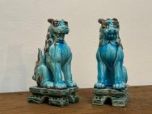 Pair of Blue Ceramic Japanese Foo Dog