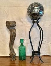 Glass Globe with Metal Stand, Corbel and Green Italian Decanter with Stopper