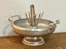 Footed Stamped and Hammered Nut Bowl with Cracker and Picks (Mid-Century)