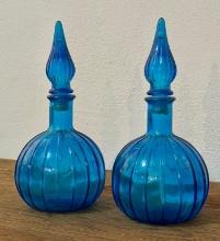 Vintage Blue Glass Ribbed Genie Bottles with Stoppers