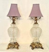 Pair of Brass and Crystal Lamps with Prisms