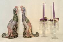 Pair of Cut Glass Candleholders with  Drip Catchers and a Pair of Pheasants