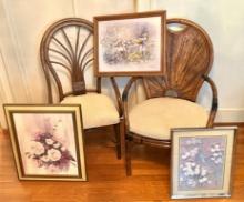 Two Rattan Upholstered Chairs AND Three Framed Prints