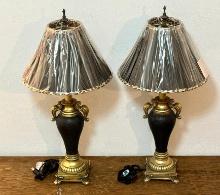 Pair of Black and Gold Ornate Lamps with Shades