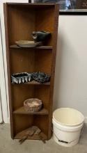 Vintage Plywood Corner Shelf & Bucket With Gardening Planters