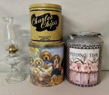 Oil Lamp and Collector Tin Lot