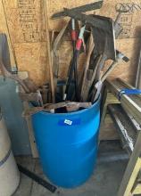 Large Lot Of Long Handle Tools & 50 Gal. Barrel