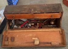 Antique Wood Tool Box With Tools