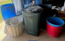 Large Lot O 55 Gal. Barrels, Crates, Buckets, Gas Cans & More