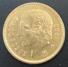 1906 Cinco Pesos Mexican Five Peso Gold Coin